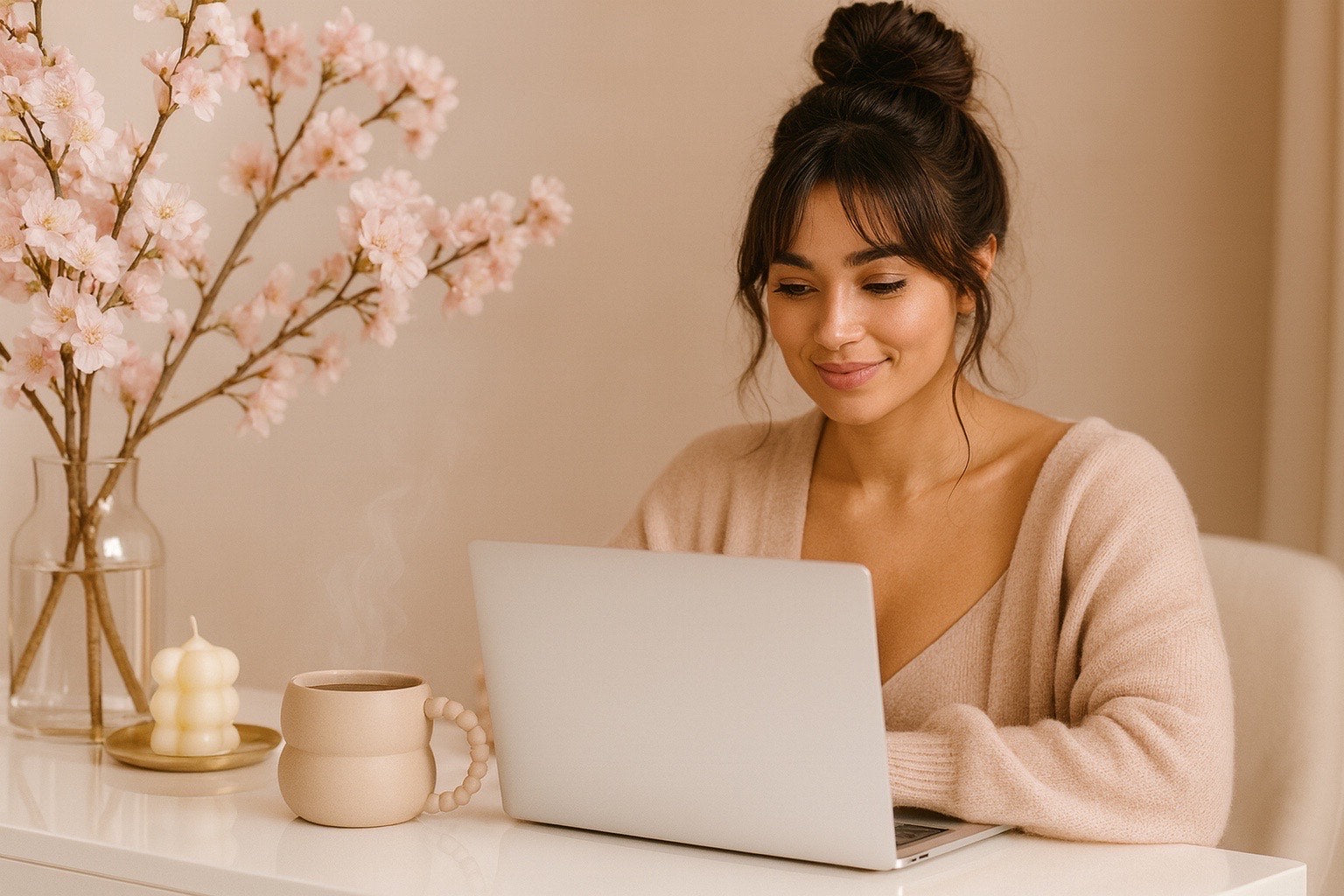 Routine self-care féminine : femme concentrée à son bureau avec ordinateur, infusion bien-être Hazellia et déco minimaliste beige. Ambiance mindset, développement personnel et slow living