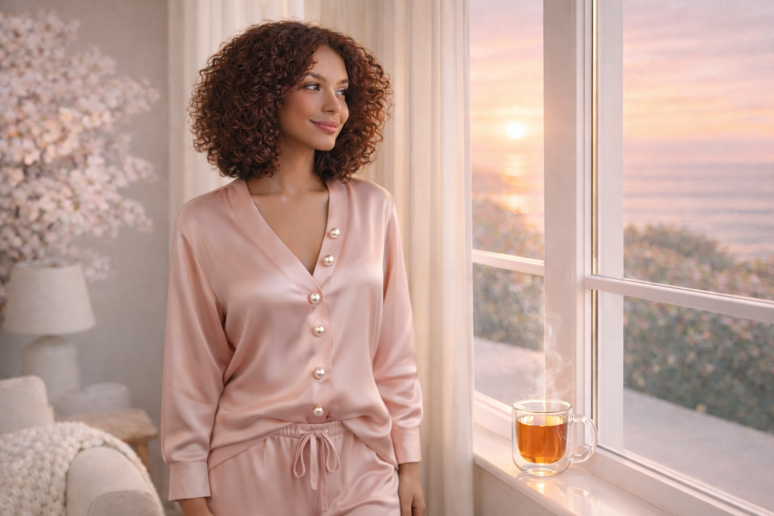 Femme savourant une infusion dans un intérieur cosy et lumineux, univers home & lifestyle slow living Hazellia.