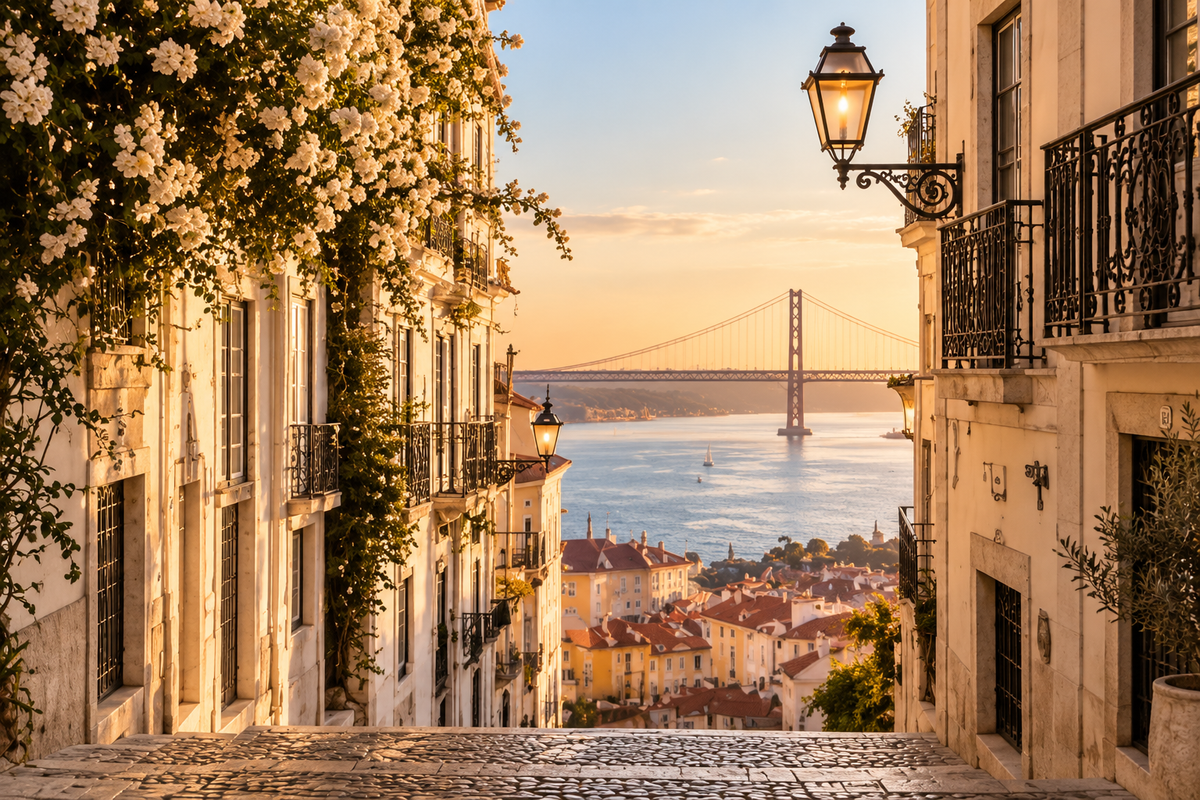 Lumineuse – ruelle élégante avec vue sur le Tage et le pont du 25 Avril au coucher du soleil | Hazellia