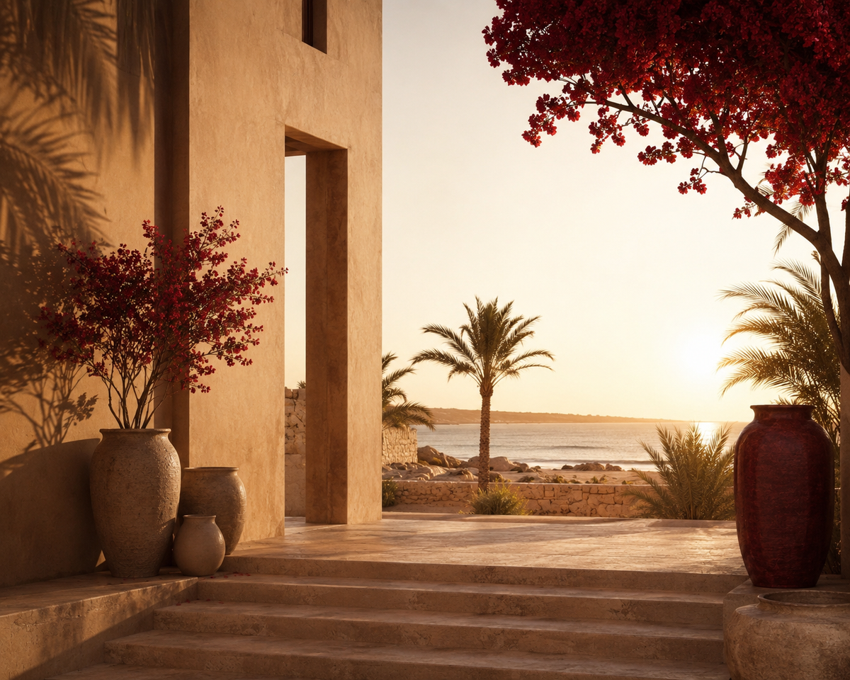 Terrasse contemporaine baignée de lumière dorée entre inspirations du Sénégal et de l’Orient, palmiers et touches rouge profond – univers Rose Blood Hazellia.