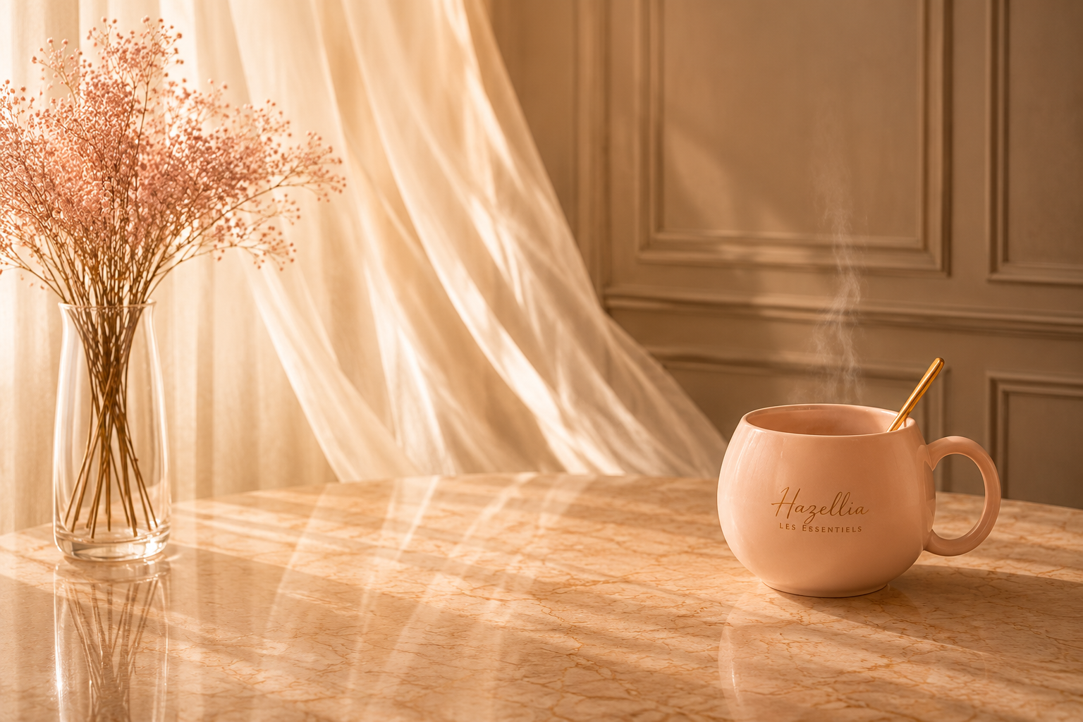 Les Essentiels du Rituel Hazellia avec mug rose poudré, cuillère dorée, vapeur délicate et décoration élégante dans un univers féminin premium aux tons beige et champagne.