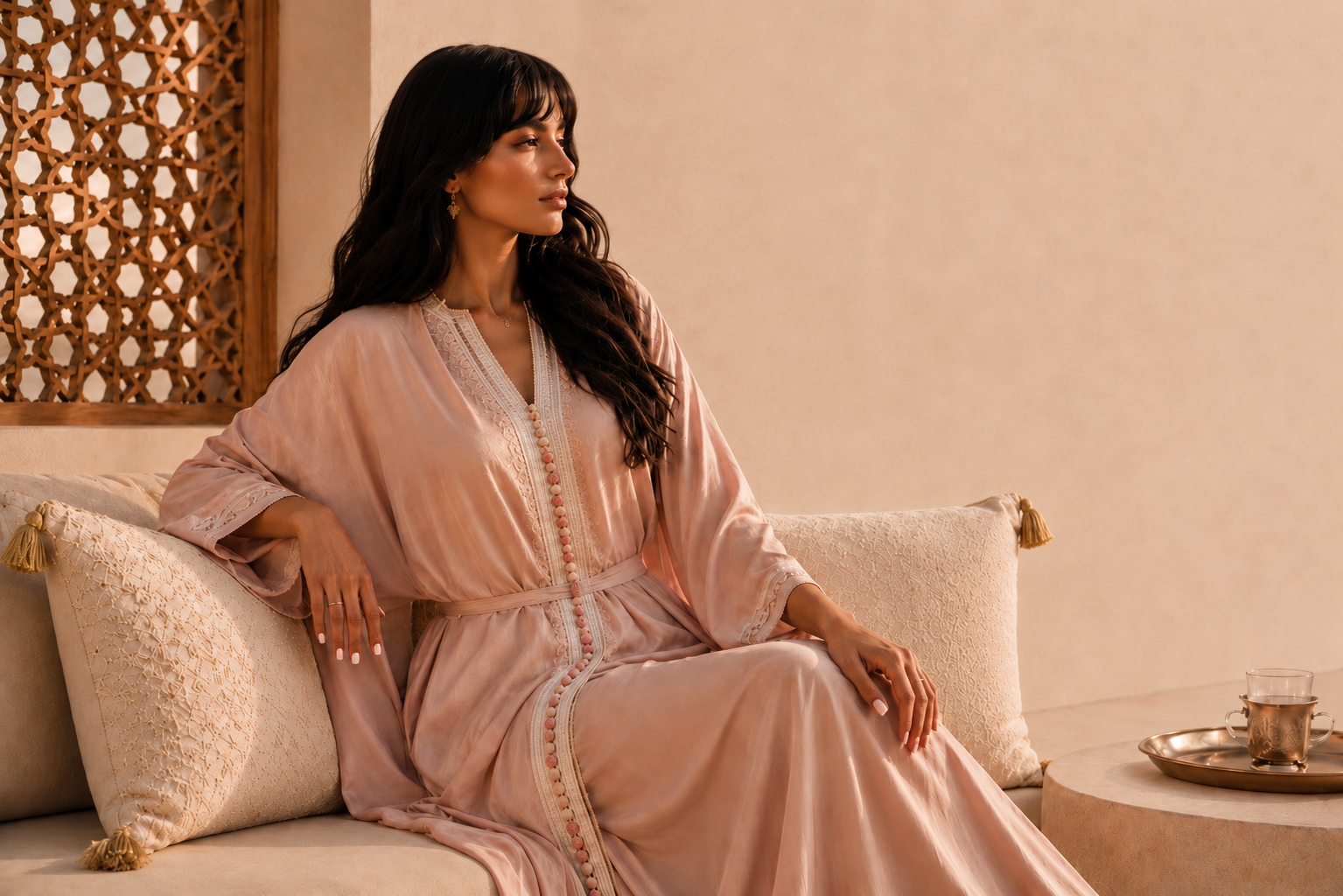 Femme marocaine élégante en robe fluide rose poudré avec sfifa marocaine blanche et rose, assise dans un salon minimaliste luxe aux inspirations marocaines, moucharabieh artisanal, lumière dorée chaleureuse et ambiance Hazellia premium.