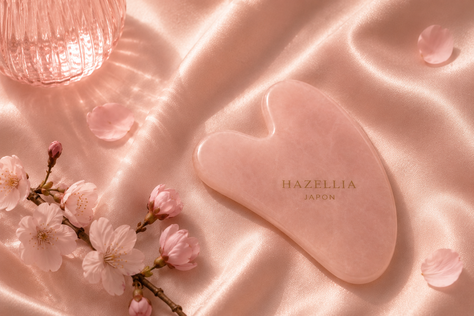 Rituel beauté japonais avec gua sha en quartz rose posé sur satin rose poudré et fleurs de cerisier sakura dans une ambiance luxe et minimaliste Hazellia Voyage.