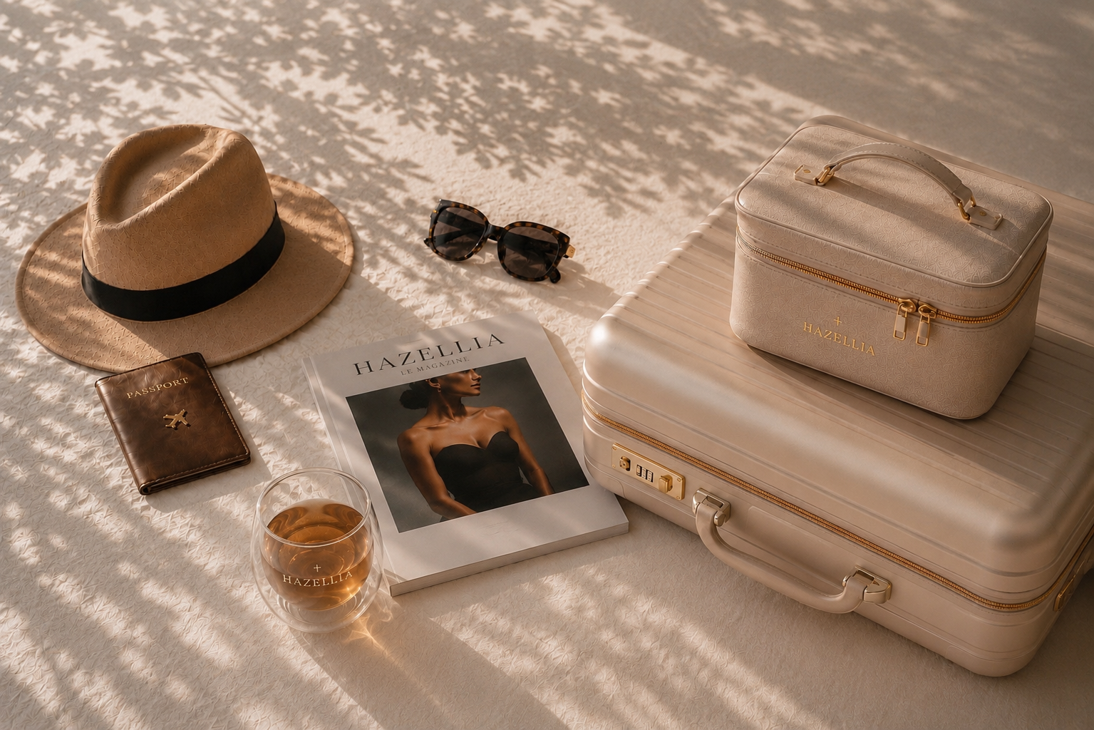 Hazellia Voyage – valise champagne, vanity élégant, magazine Hazellia et infusion ambrée dans un univers de voyage féminin premium