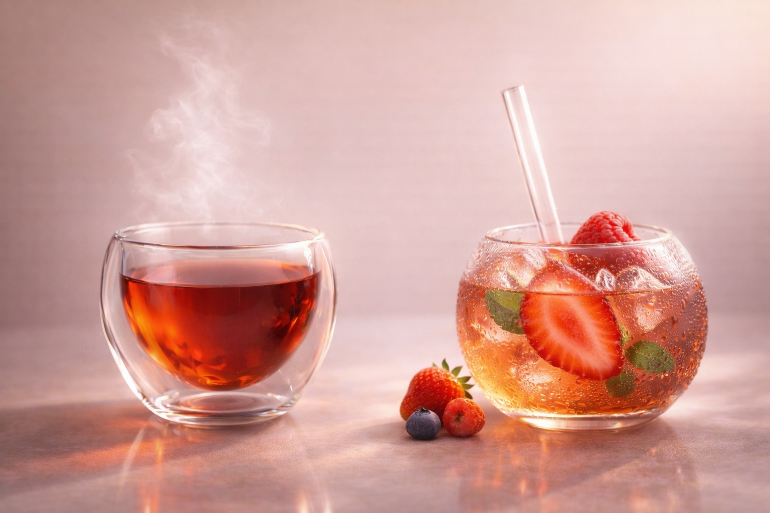 Infusion Rose Blood chaude et glacée, rouge rubis intense, vapeur enveloppante et version froide vibrante.