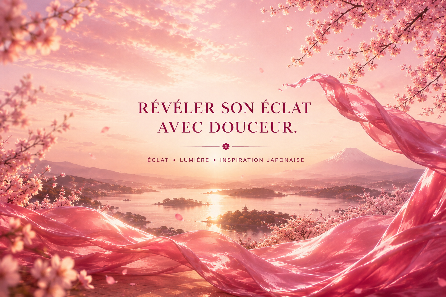 Bannière éditoriale BerryGlow Hazellia avec satin rose framboise aérien, fleurs de cerisier, lumière douce et paysage inspiré du Japon dans une ambiance féminine et élégante.