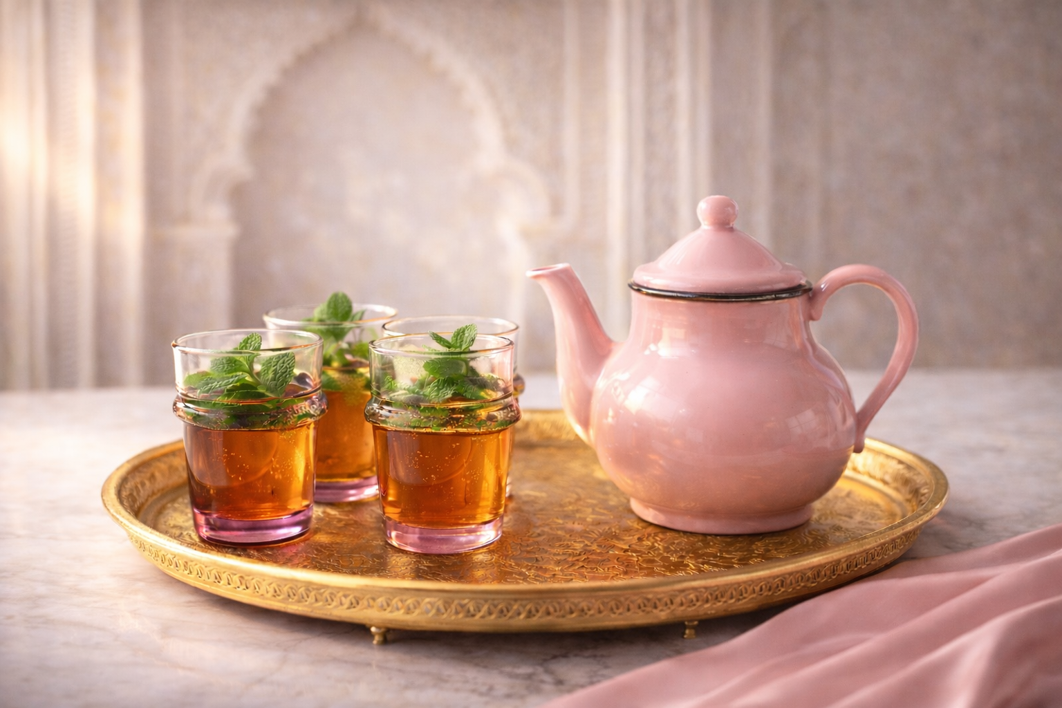 plateau doré avec thé à la menthe dans des verres traditionnels et théière rose poudré dans un décor marocain élégant – rituel d’infusion marocain Hazellia