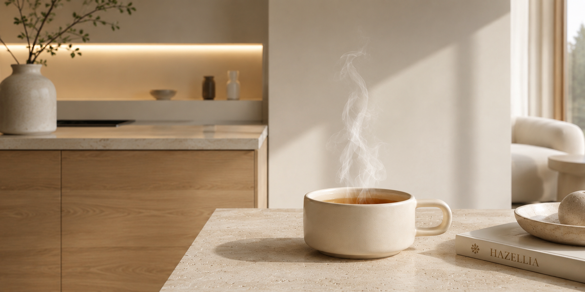 Infusion Deep Silk Hazellia versée chaude dans un mug en céramique ivoire, préparation cocooning d’inspiration scandinave.