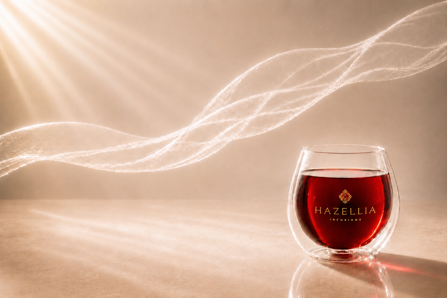 Infusion Rose Blood Hazellia, tisane rouge à l’hibiscus dans un mug en verre double paroi, lumière champagne, voile aérien ivoire et univers luxe premium.