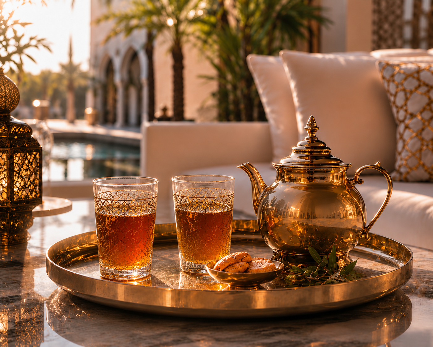 Rituel d’infusion marocain luxe Hazellia avec théière dorée et verres de thé ambré sur plateau élégant, ambiance Marrakech premium lumineuse entre palmiers et architecture marocaine raffinée