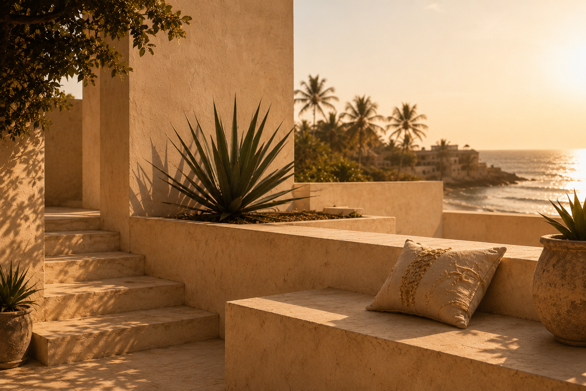 Terrasse élégante inspirée du Sénégal au coucher du soleil, avec architecture beige sable, lumière dorée, palmiers tropicaux, coussin couture et ambiance luxe méditerranéenne dans l’univers Hazellia Voyage