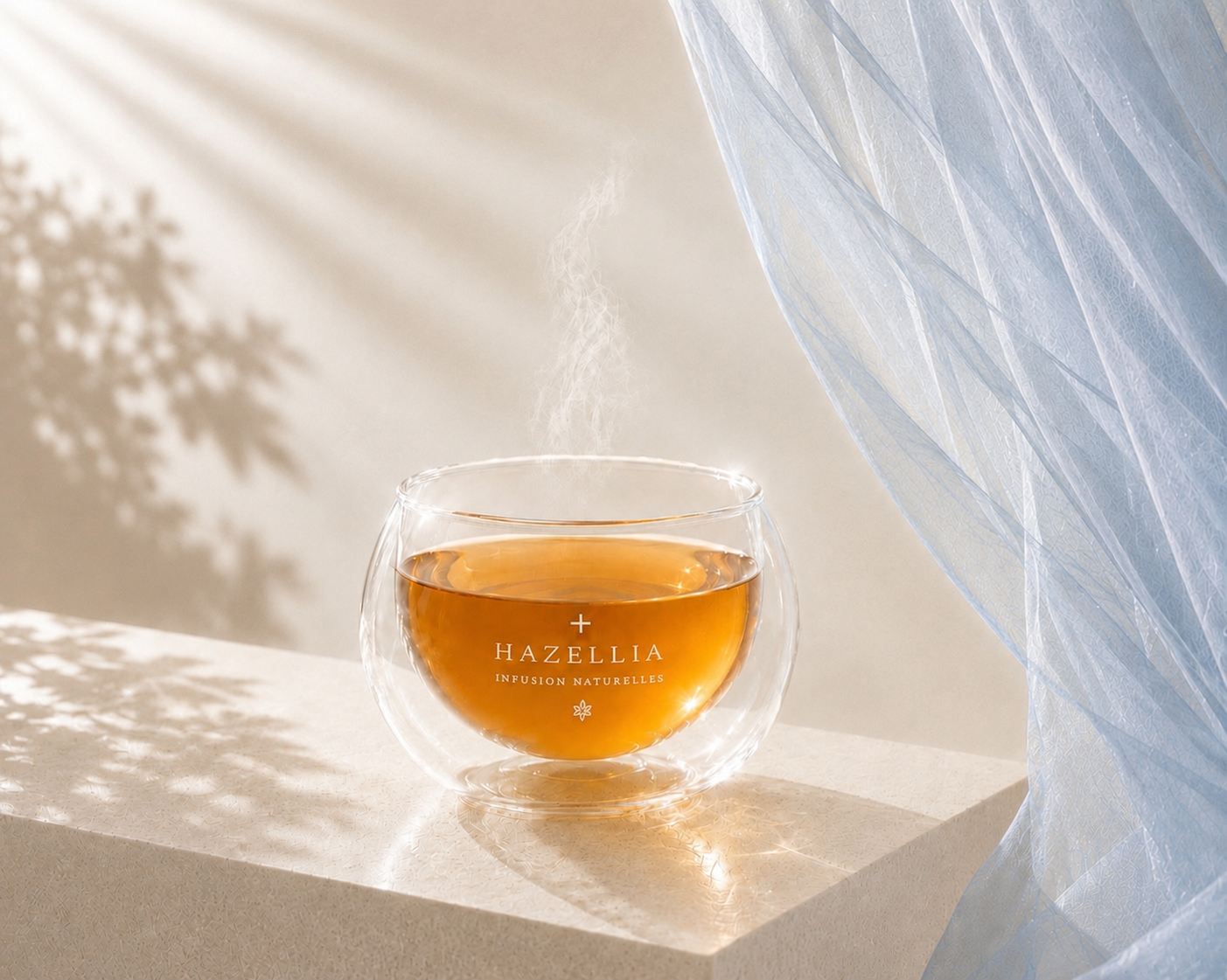 Infusion Sillage Hazellia dans un mug en verre double paroi sur une table en pierre ivoire, voile bleu poudré et lumière champagne inspirée de la Grèce, rituel d’infusion premium aux notes élégantes.