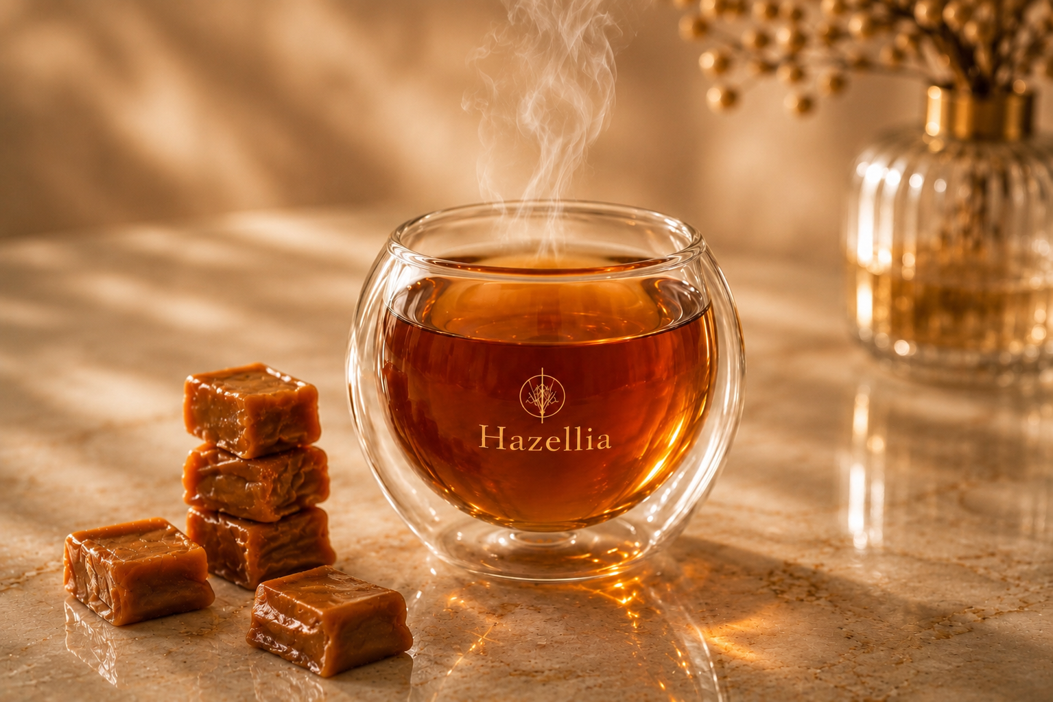 Parenthèse gourmande Hazellia avec infusion ambrée fumante et caramels fondants dans une ambiance luxe douce inspirée de l’art de savourer.