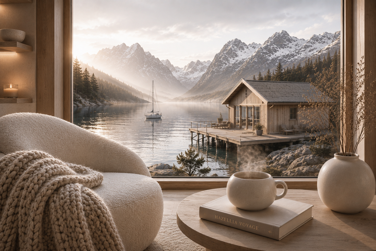 Scandinavie Cocooning – intérieur nordique raffiné avec fauteuil design ivoire, plaid texturé, mug chaud et vue sur un fjord paisible par Hazellia Voyage.