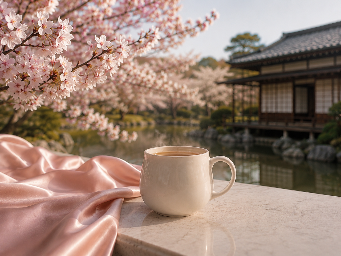 Rituel d’infusion japonais avec mug ivoire fumant, cerisiers en fleurs et pavillon traditionnel – Japon Sakura Hazellia