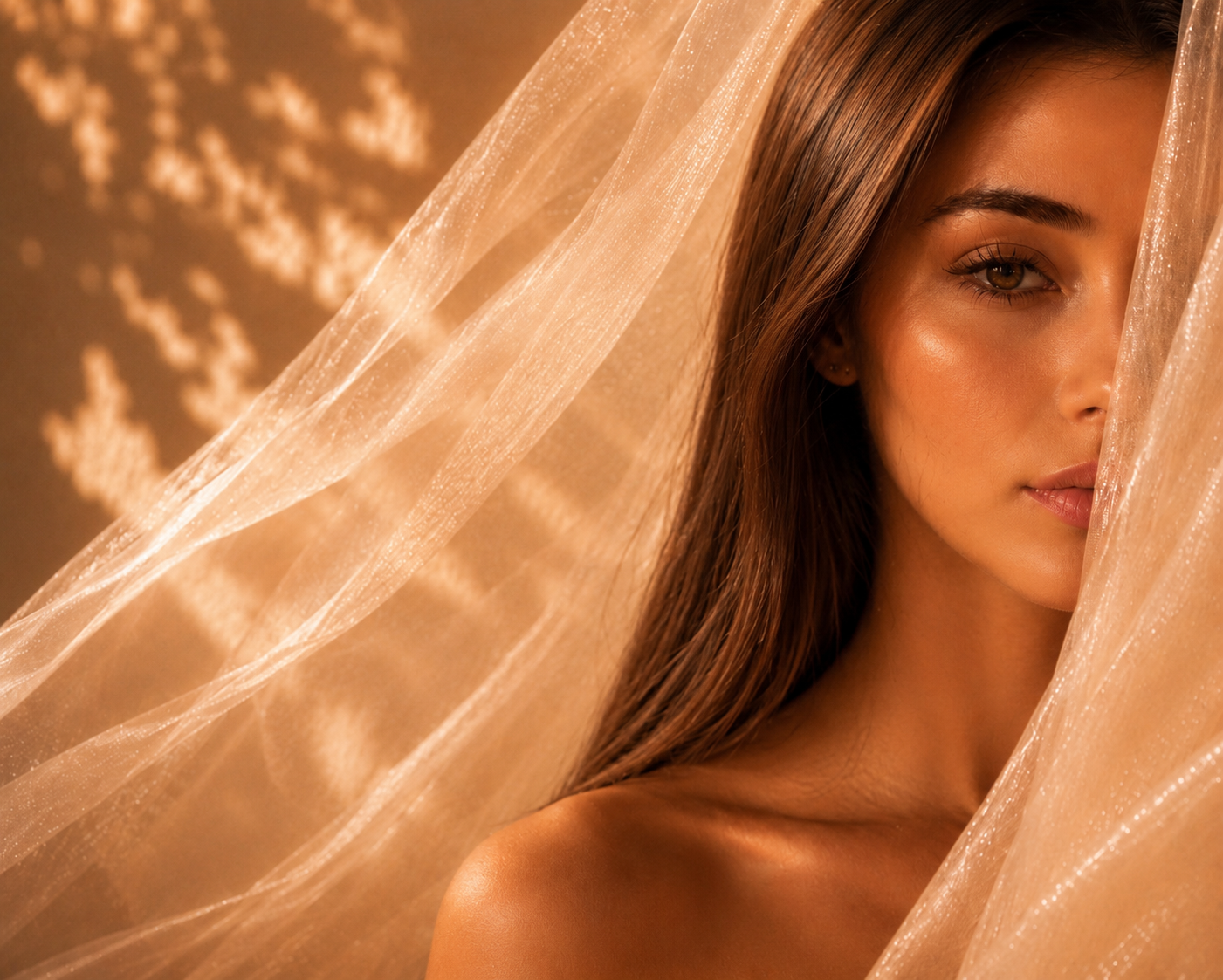 Femme élégante sous un voile ivoire pêche transparent, cheveux châtain lisses, teint glowy, regard noisette et lumière dorée, portrait premium inspiré de l’univers CherryTox Hazellia, rituel beauté et féminité.