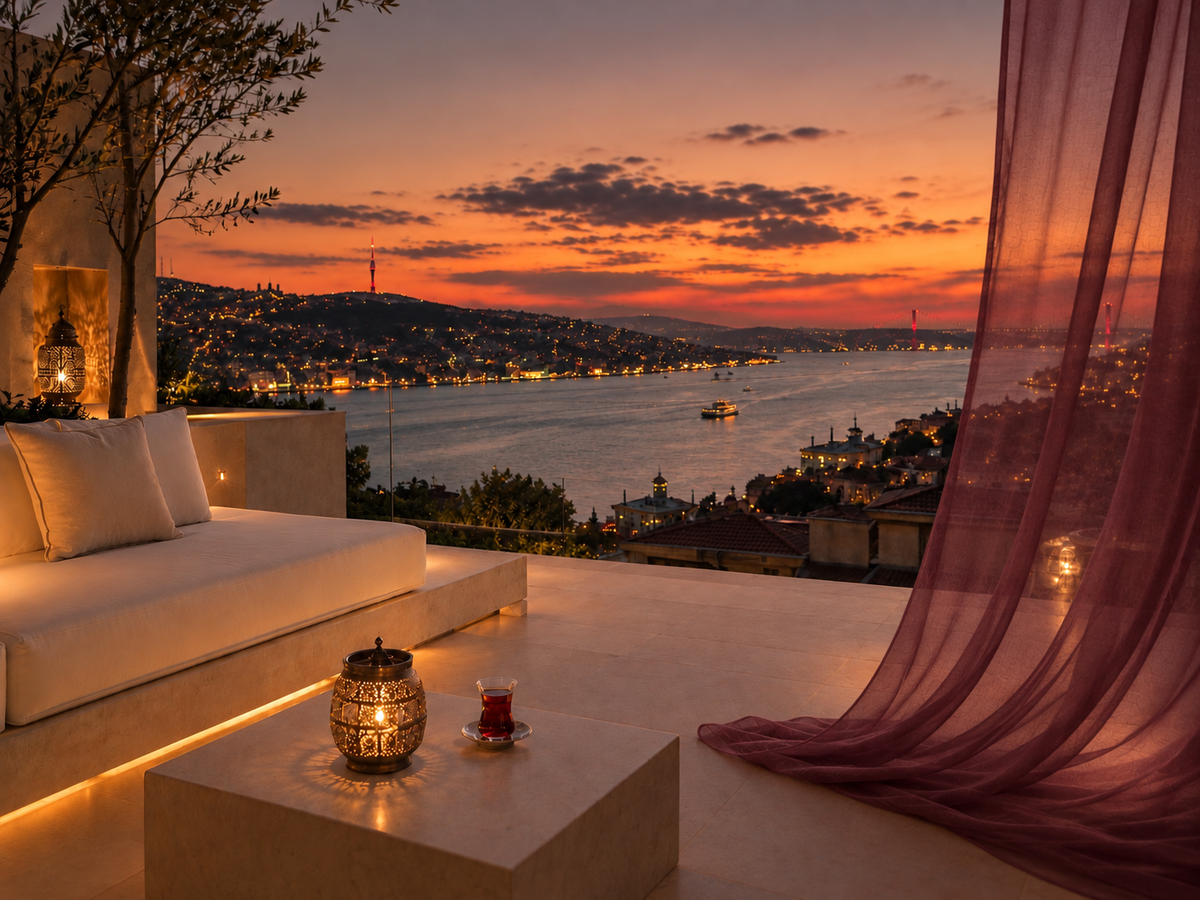 Terrasse contemporaine avec vue sur le Bosphore au crépuscule, horizon Turquie Nuit de Velvet Songe – Hazellia