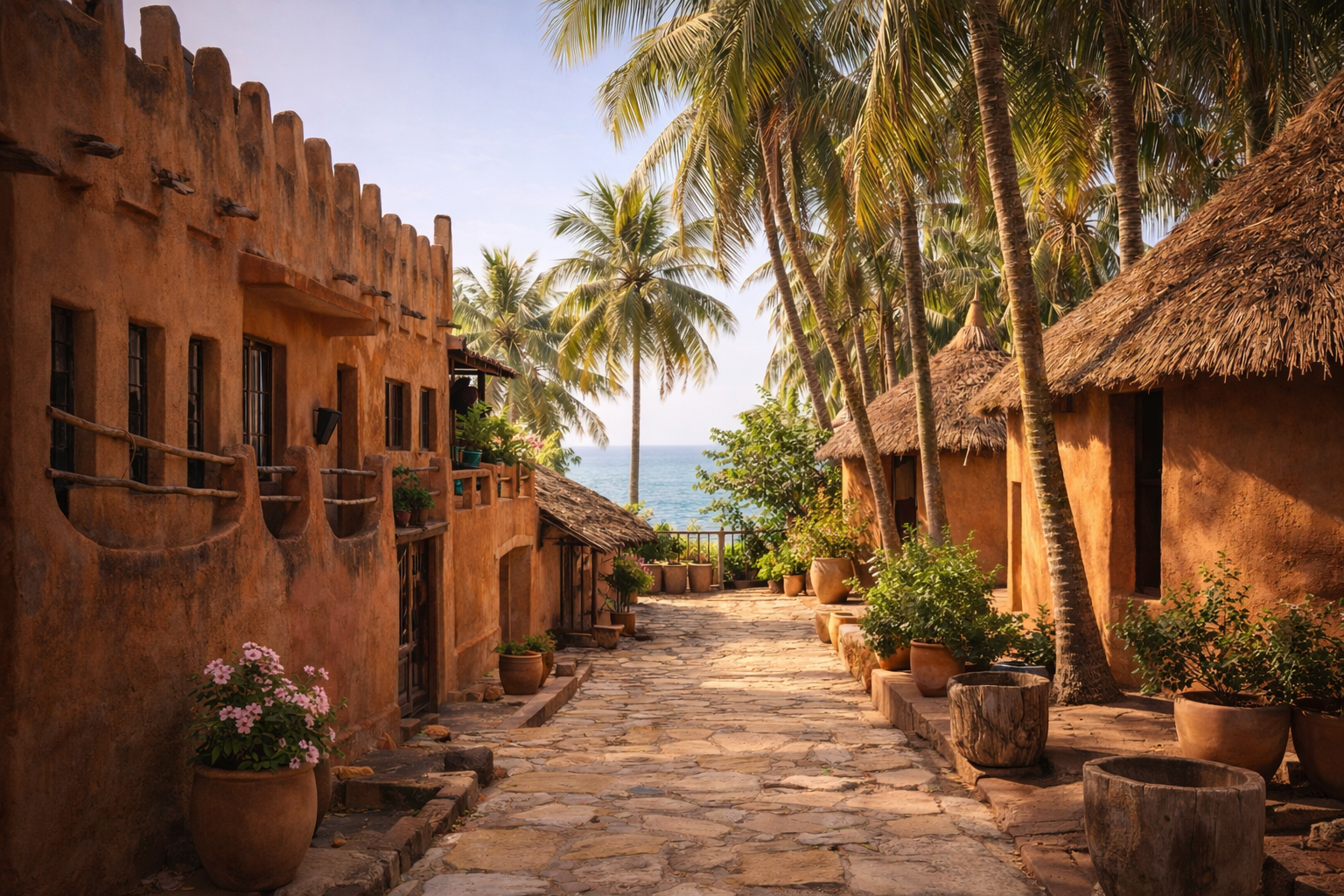 ruelle bord de mer au Sénégal avec maisons en terre, palmiers tropicaux et vue océan, ambiance chaleureuse et ensoleillée évasion africaine