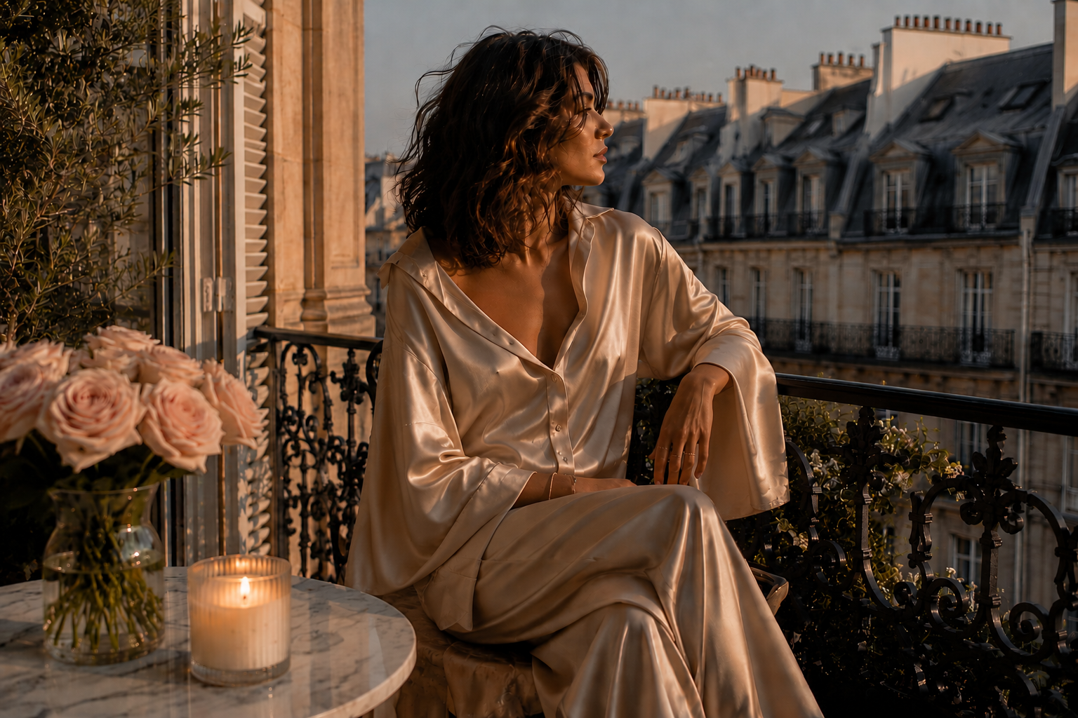 Femme élégante en ensemble satin champagne sur une terrasse haussmannienne à Paris, ambiance luxe féminin Hazellia, roses poudrées et lumière dorée parisienne