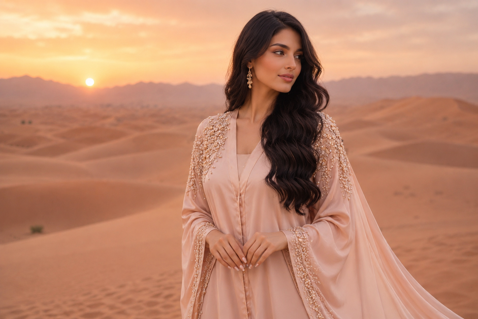 Femme orientale élégante dans le désert au coucher du soleil, portant une abaya satinée rose poudré aux détails perlés dorés, ambiance luxe éditorial inspirée haute couture, dunes dorées et lumière chaude orientale – Élégance Orientale Hazellia.