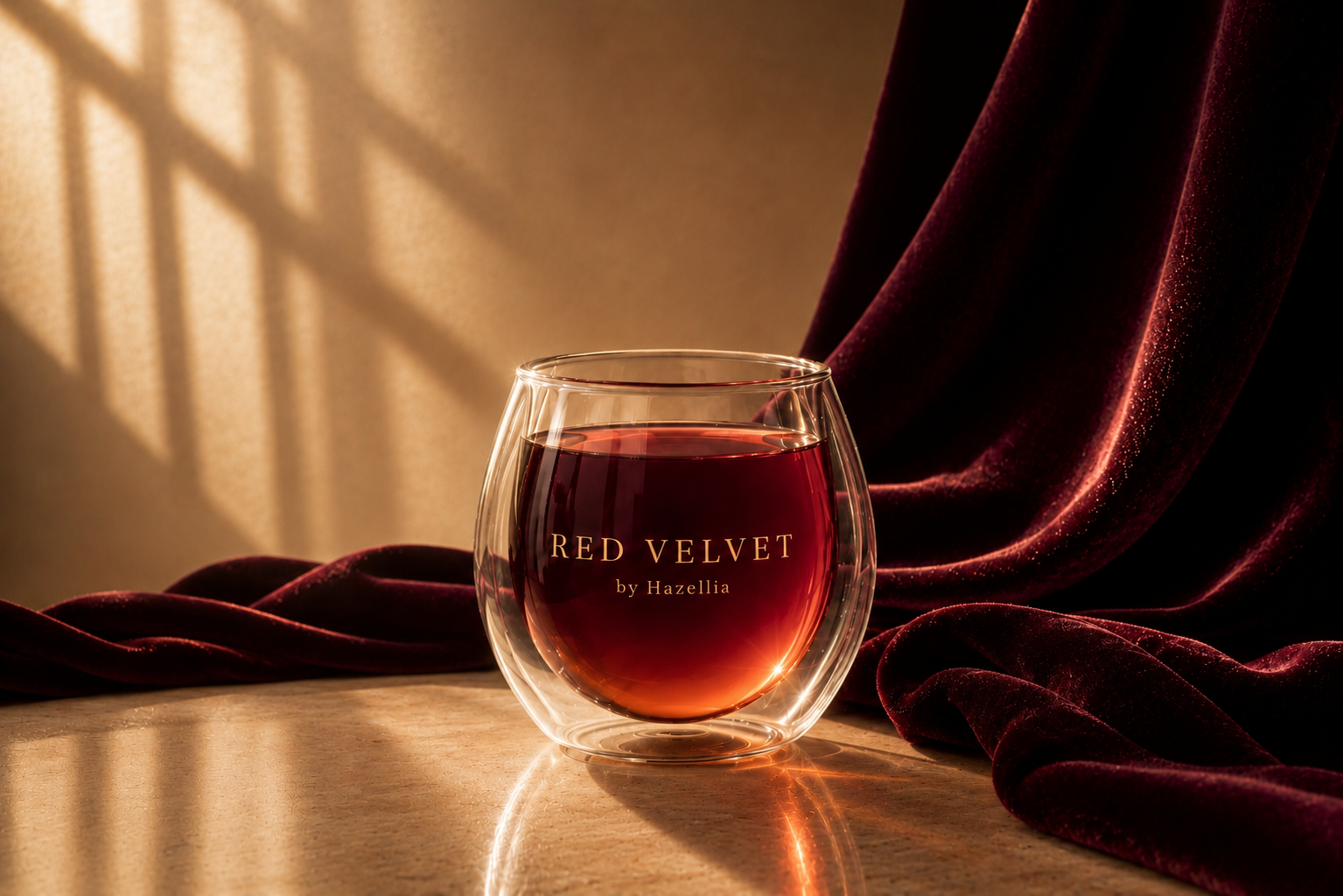 Infusion Red Velvet Hazellia dans un mug en verre double paroi, velours bordeaux profond et lumière chaleureuse, univers sensuel et raffiné.