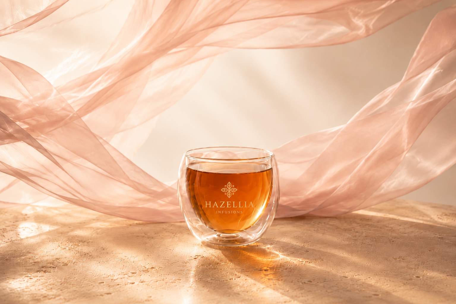 Mug double paroi Hazellia rempli d’une infusion ambrée sur pierre beige avec voile rose poudré aérien dans un univers premium dédié aux rituels féminins HazBloom.