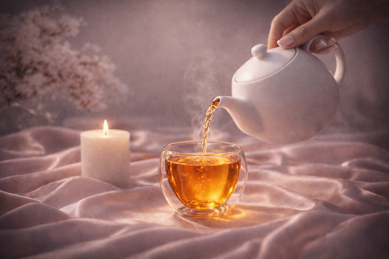 Luxury herbal tea ritual with glass teapot pouring golden infusion into double wall glass cup on soft pink satin background, feminine wellness and slow living atmosphere