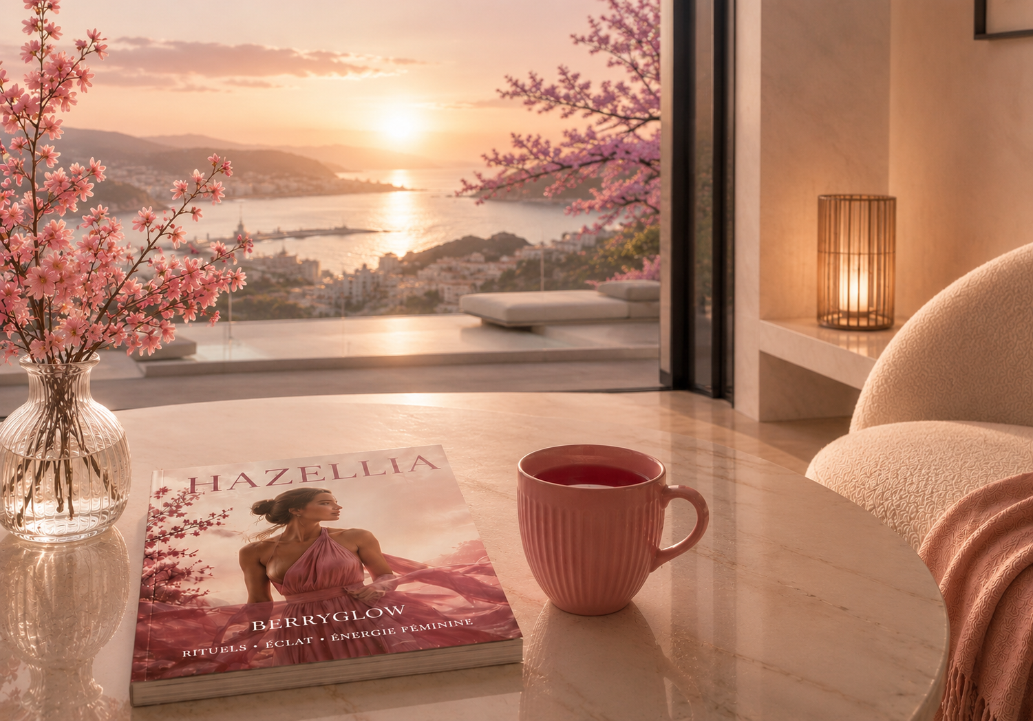 Rituel BerryGlow Hazellia, infusion bien-être dans un intérieur japonais haut de gamme avec mug en céramique rose poudré, magazine Hazellia, fleurs de cerisier et jardin zen au coucher du soleil.