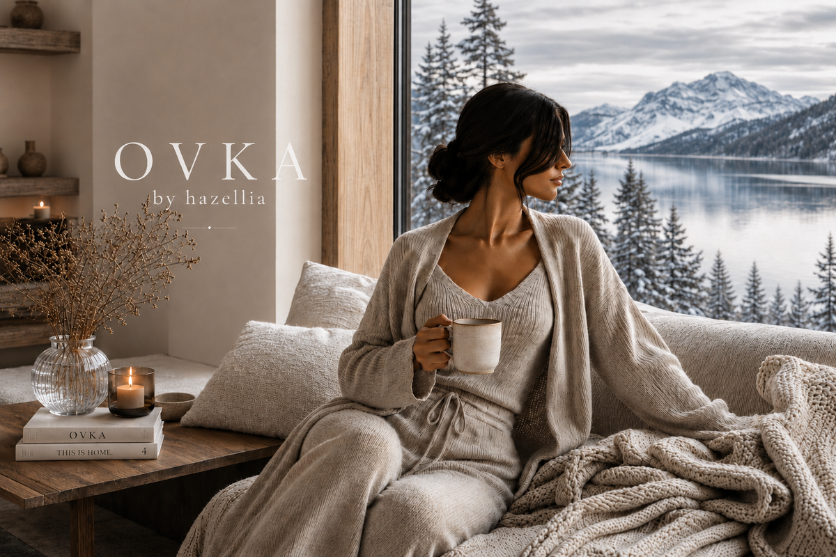 Collection Ovka by Hazellia, silhouette cocooning ivoire face aux montagnes enneigées de Scandinavie.