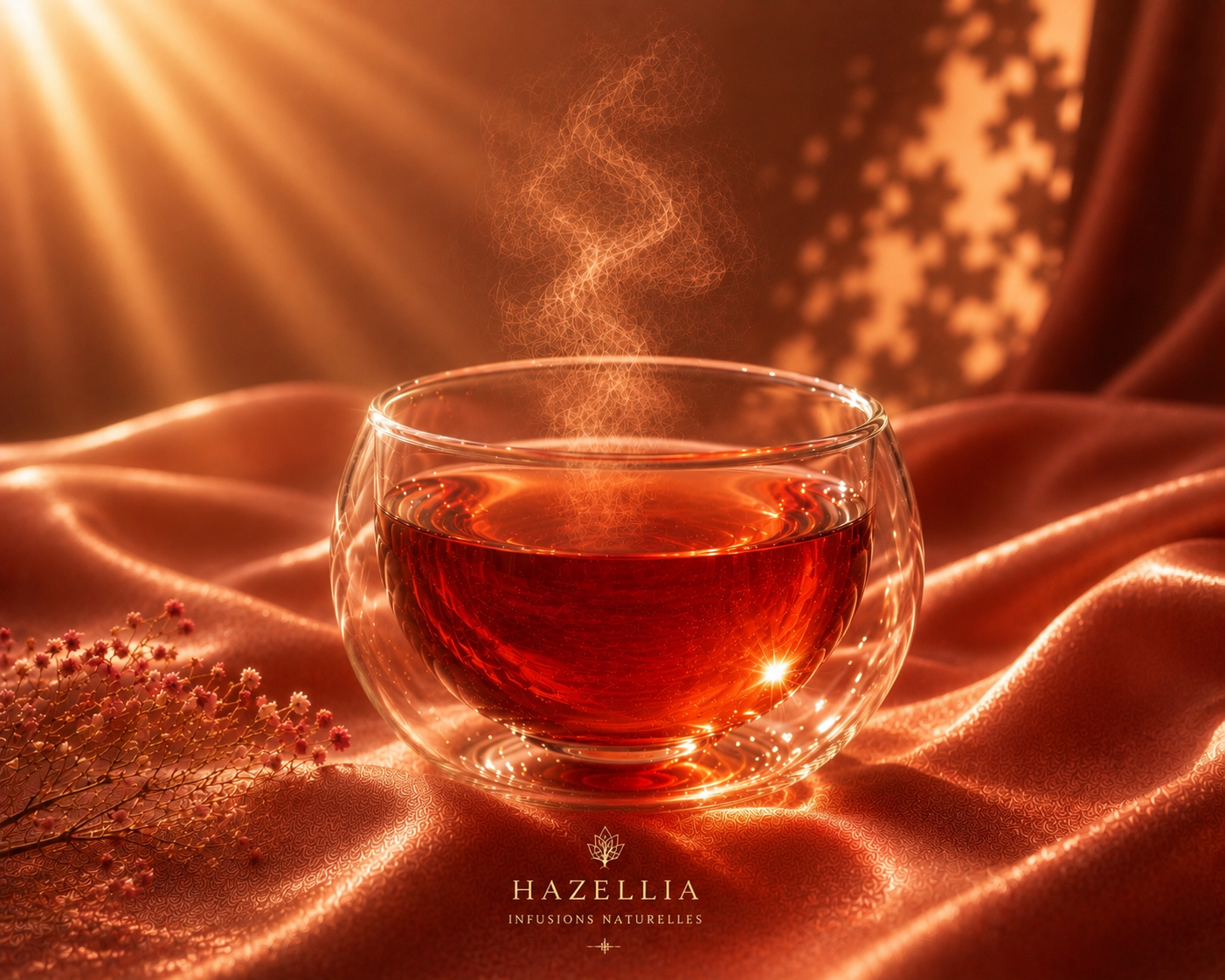 Infusion Red Velvet chaude dans un mug double paroi ovale transparent sur satin terracotta cuivré, lumière dorée sunset, rooibos rouge ambré lumineux avec vapeur délicate, ambiance luxe couture féminine Hazellia inspirée des rituels slow living et bien-être.