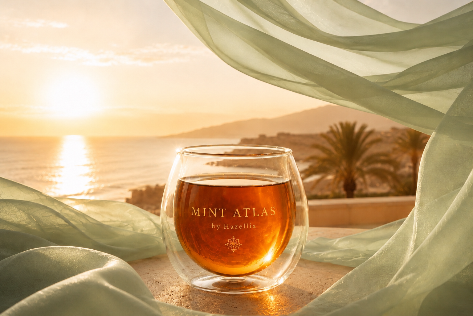 infusion Mint Atlas, mug en verre double paroi, infusion ambrée, voile vert sauge et atmosphère méditerranéenne élégante inspirée des rituels marocains.
