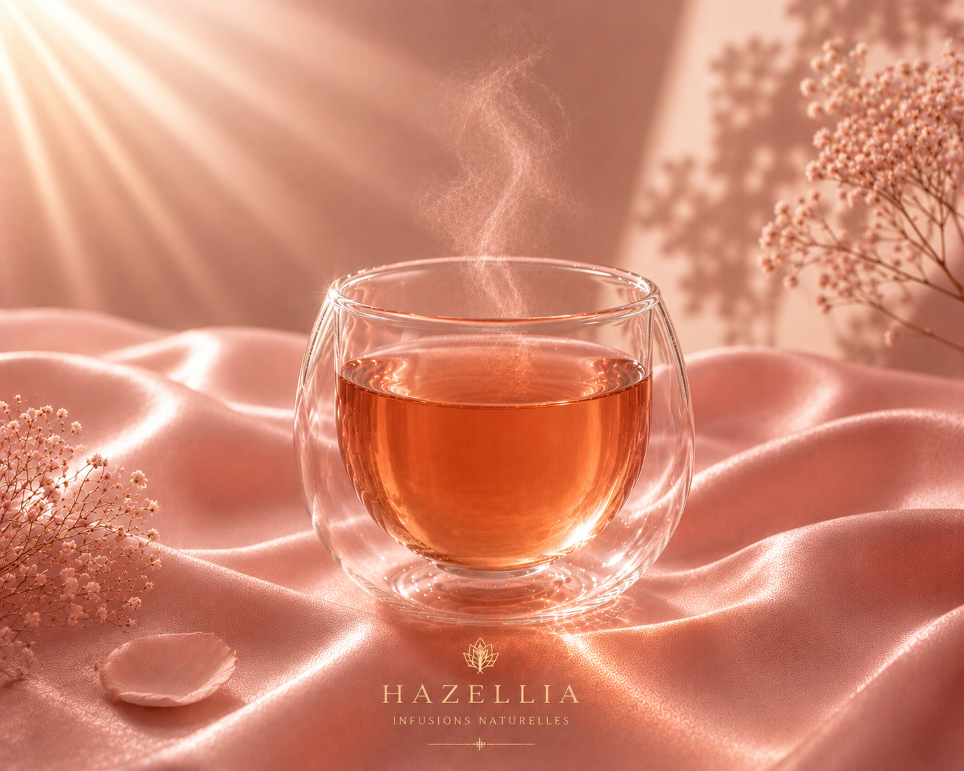 Infusion Rose ritual chaude dans un mug double paroi ovale transparent sur satin ivoire nacré, thé ambré clair avec vapeur délicate, lumière douce et ambiance luxe apaisante Hazellia inspirée des rituels bien-être féminins et du slow living.