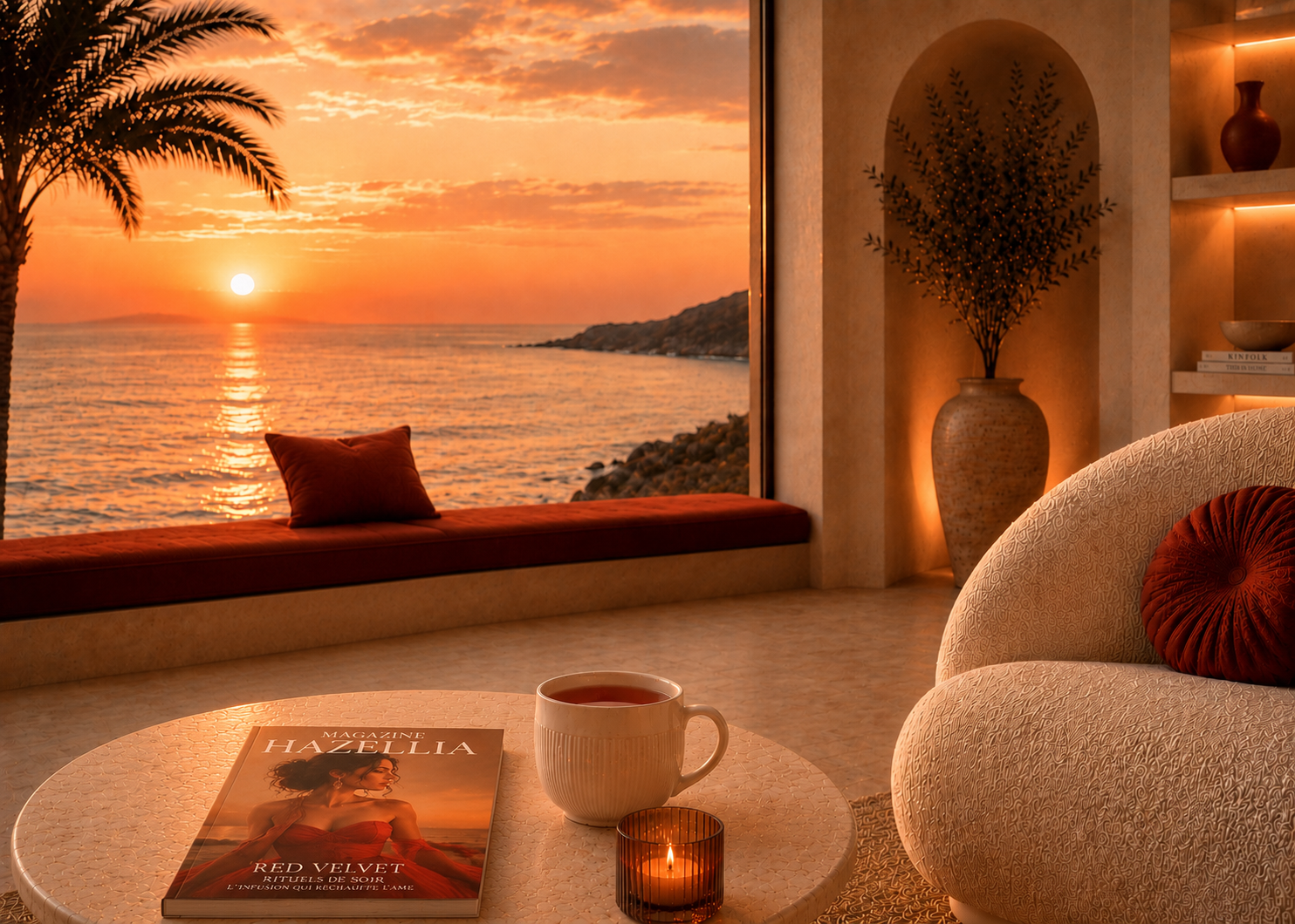 Rituel d’infusion Red Velvet Hazellia dans un intérieur de luxe face à la mer au coucher du soleil, mug en céramique ivoire, magazine Hazellia, lumière dorée et ambiance bien-être.