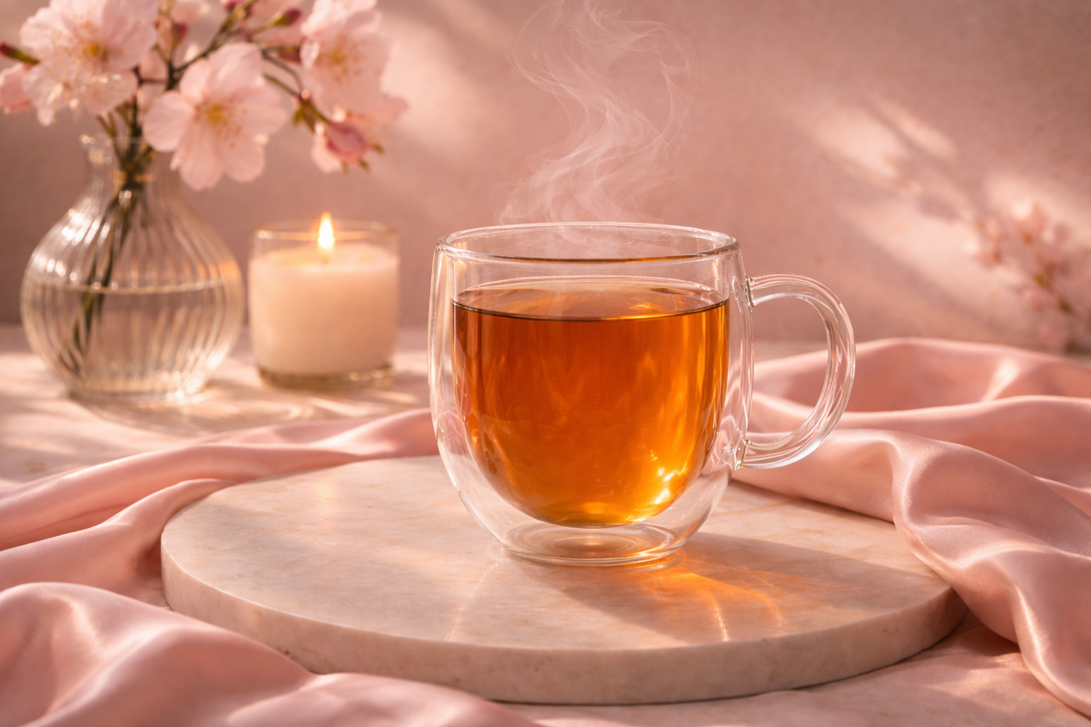 Infusion ambrée HazBloom Bien-être dans tasse double paroi sur marbre et soie rose poudré, lumière douce et rituel féminin premium.