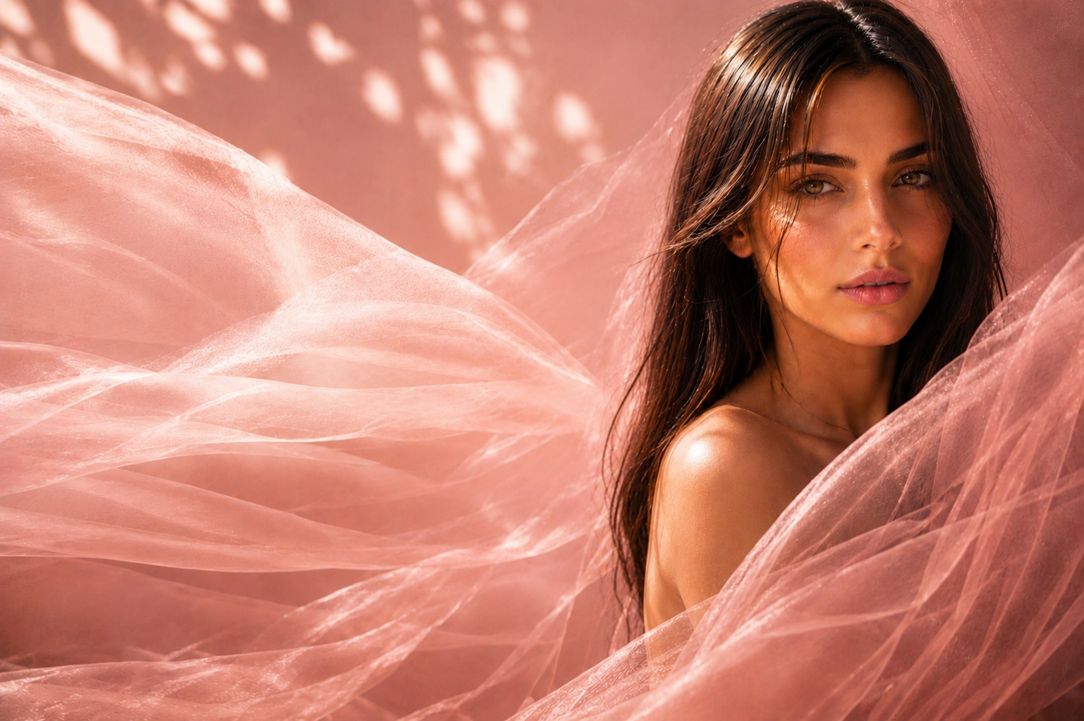 Portrait d’une femme à la peau éclatante dans un voile rose poudré, univers HazBeauty par Hazellia, accessoires de beauté du visage, gua sha, roller facial, brosse nettoyante et rituels de soin premium.