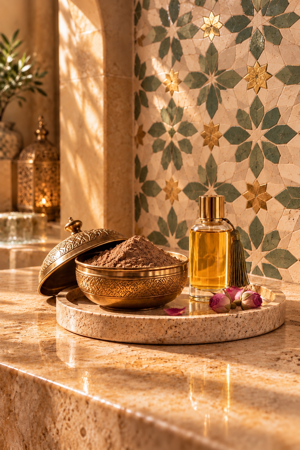Rituel beauté marocain avec ghassoul et huile d’argan devant un zellige vert sauge et ivoire – Hazellia