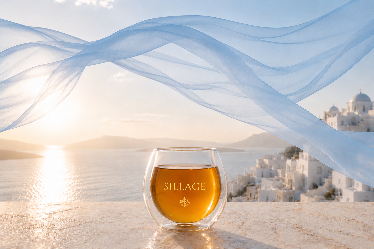 Sillage by Hazellia, infusion premium au voile bleu poudré face à la mer en Grèce – rituel d’infusion élégant et lumineux