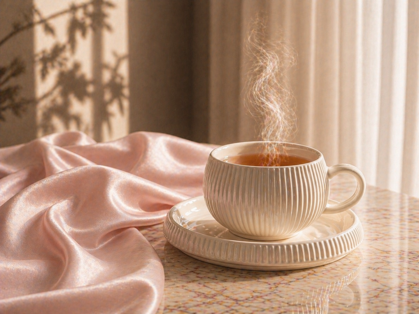 Infusion Deep Silk chaude dans une tasse élégante sur satin rose poudré, rituel apaisant et moment de douceur Hazellia