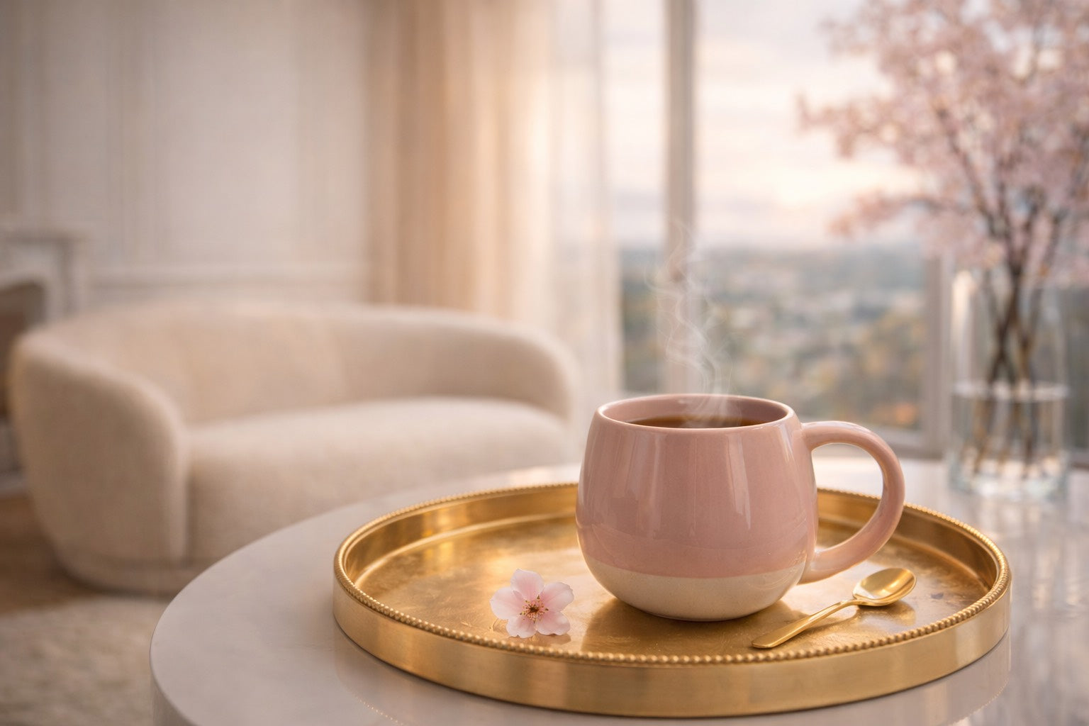 Mug rose poudré rempli d’infusion chaude sur plateau doré, ambiance cocooning et bien-être HazBloom dans un intérieur lumineux et chaleureux