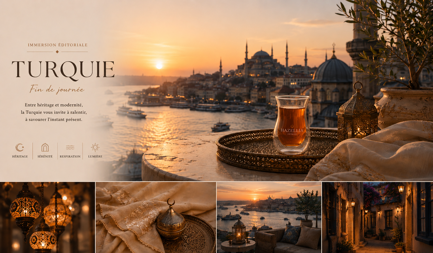 Terrasse élégante inspirée d’Istanbul au coucher du soleil avec verre tulipe double paroi, lanternes orientales et ambiance luxe Hazellia Voyage Turquie fin de journée.