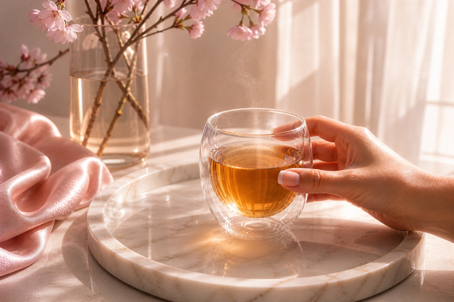 Infusion chaude ambrée dans un verre double paroi, tenue par une main féminine, posée sur un plateau en marbre avec satin rose poudré et lumière douce, rituel bien-être Hazellia