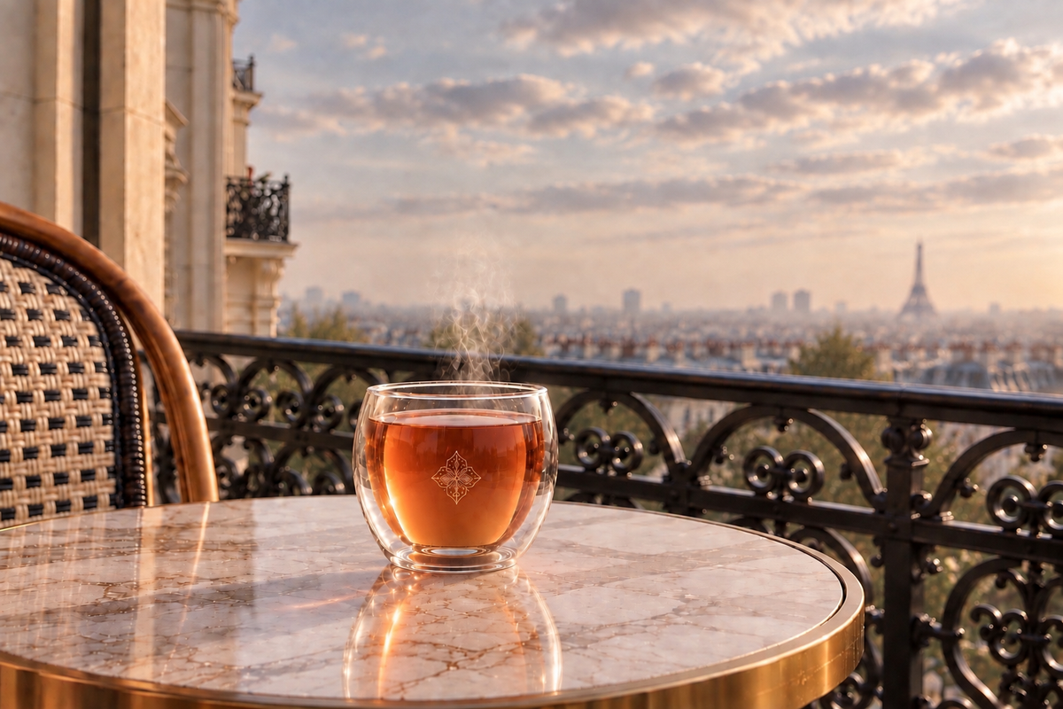 Marquise Absolu – infusion Hazellia dans un mug signature en verre sur une table parisienne, avec vue floutée sur la Tour Eiffel