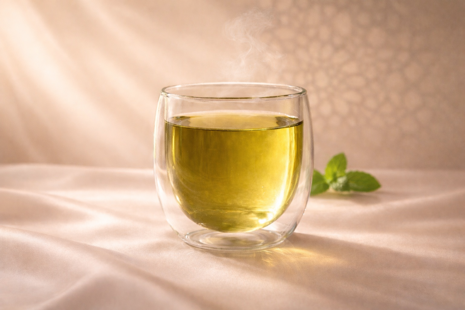 Infusion thé vert menthe Mint Atlas sur satin beige avec lumière marocaine subtile – HazBloom Hazellia