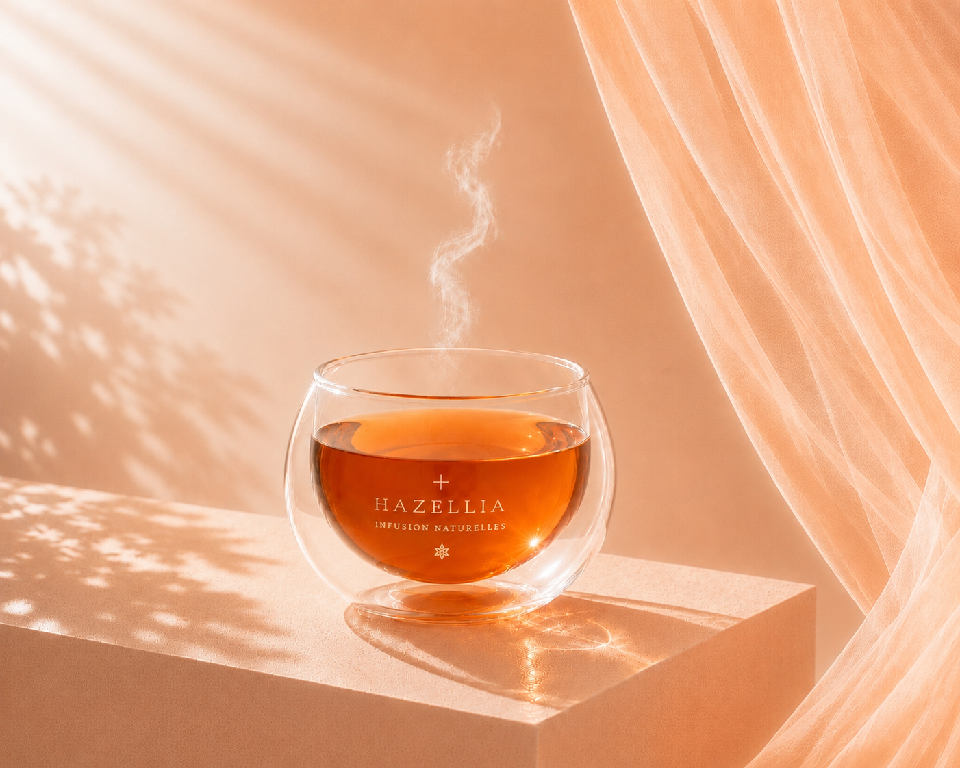 Amber Kiss Hazellia – infusion pêche abricot aux notes ambrées dans un mug double paroi, univers ivoire et pêche