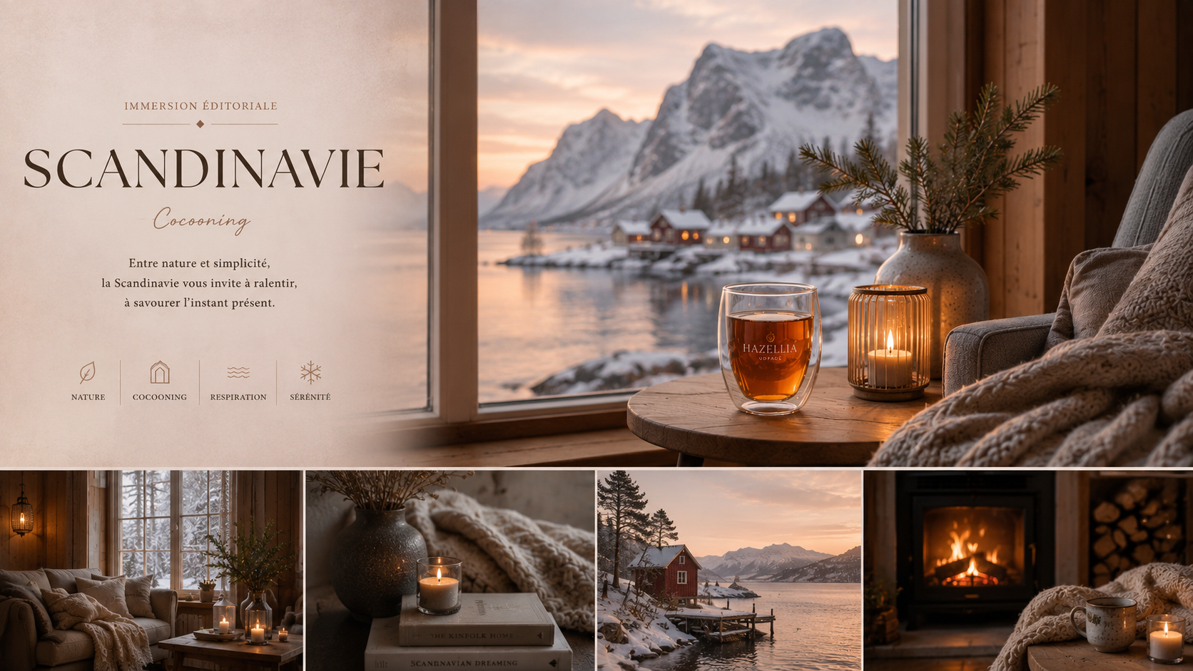 Intérieur cocooning scandinave avec infusion Hazellia, paysage enneigé nordique, maille douce et ambiance chaleureuse luxe inspirée de la Scandinavie et du slow living féminin