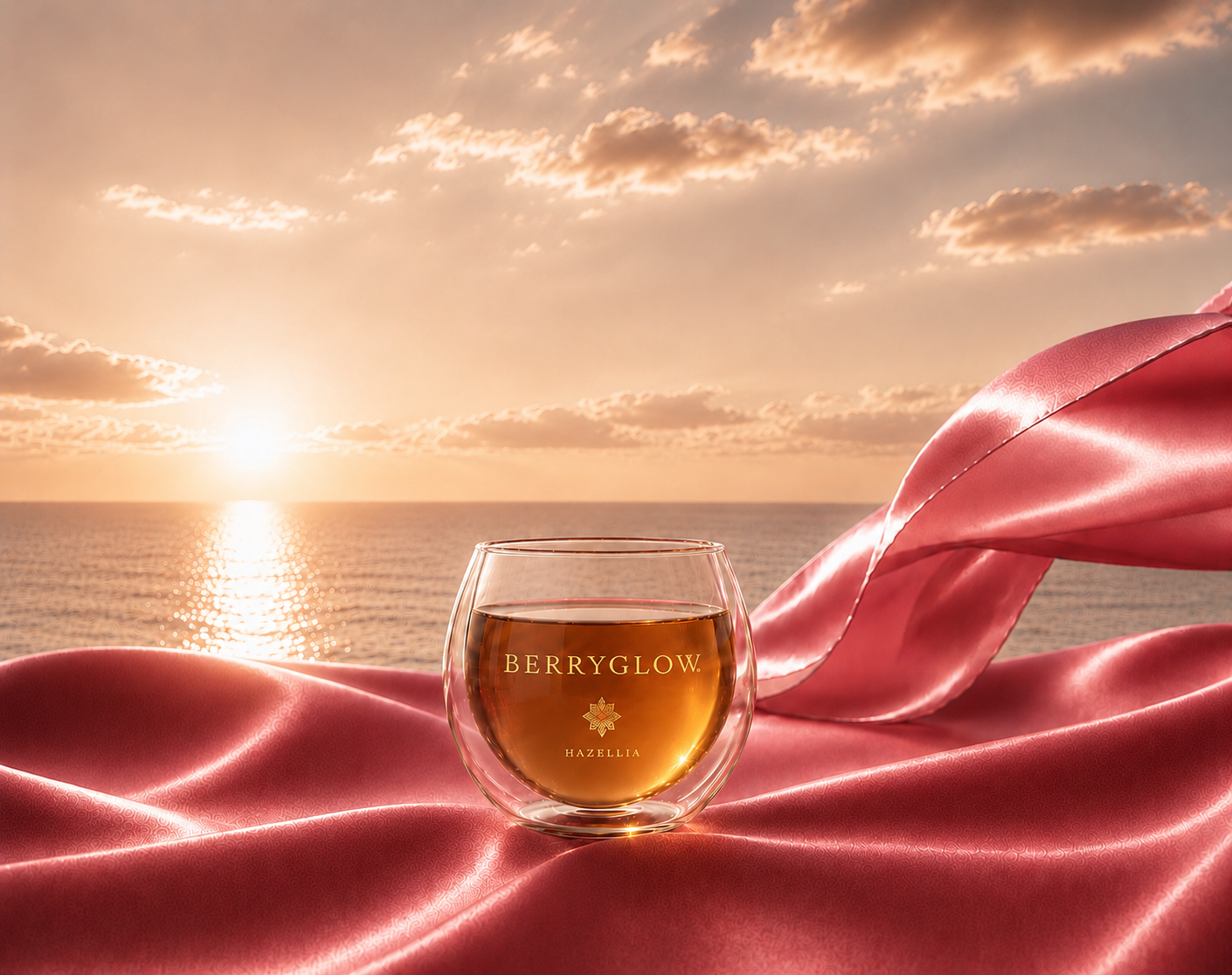 BerryGlow Hazellia, infusion premium aux fruits rouges dans un mug en verre double paroi sur satin rose framboise au coucher du soleil, rituel féminin lumineux et élégant
