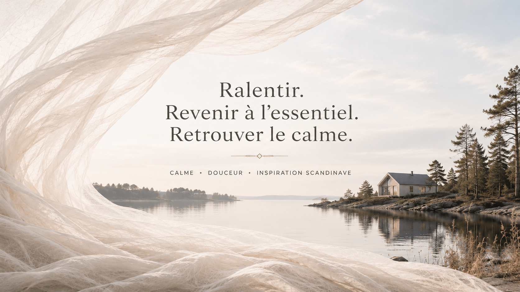 Deep Silk by Hazellia – infusion dorée inspirée de la Scandinavie, voile ivoire aérien, lac nordique et paysage scandinave apaisant