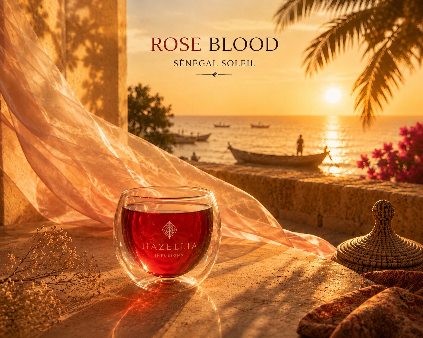 Rose Blood Hazellia – infusion rouge rubis dans un verre double paroi premium face à un coucher de soleil au Sénégal, ambiance voyage luxe et lumière dorée tropicale.