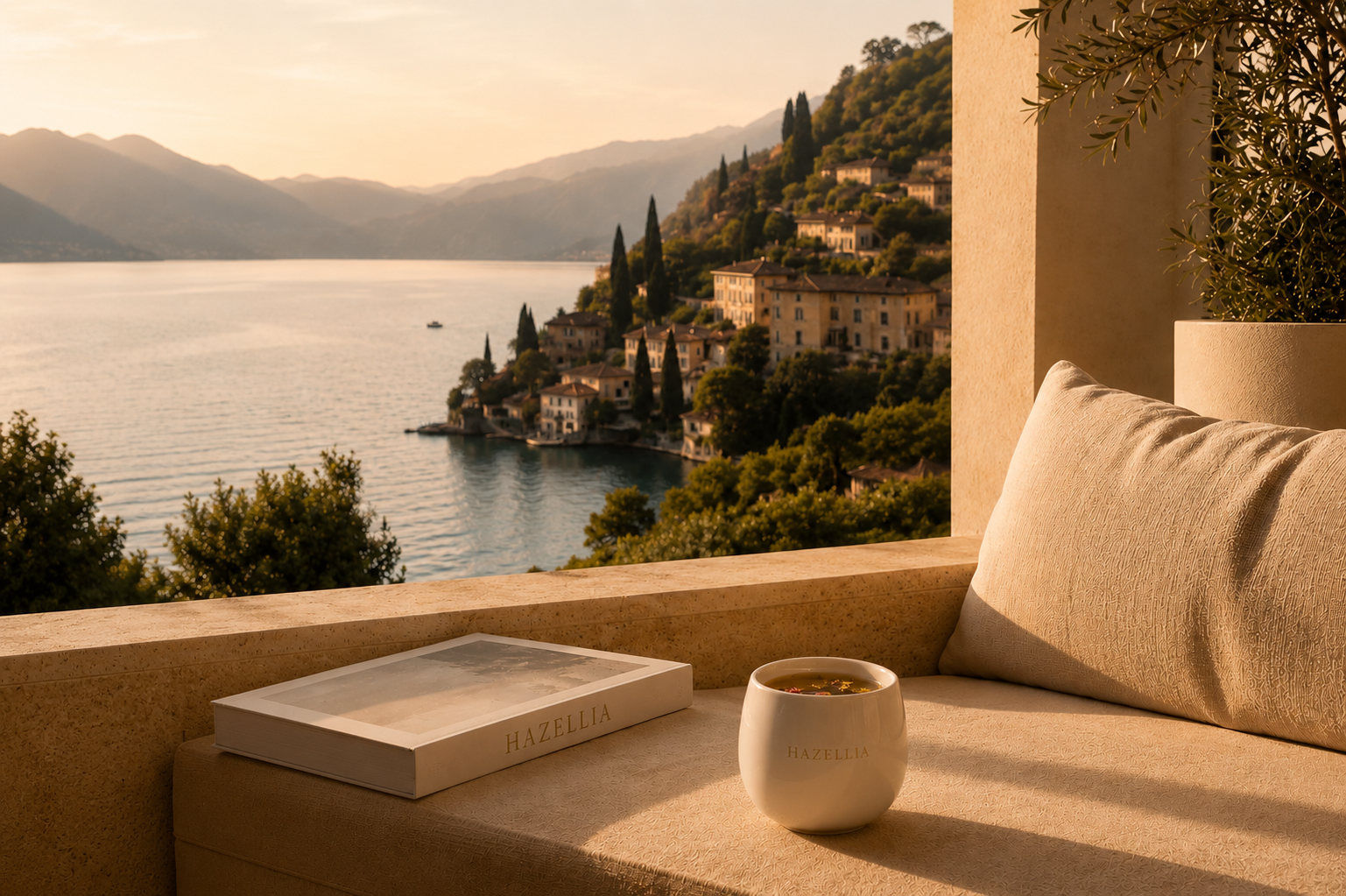 Terrasse italienne Hazellia avec mug minimaliste crème face à un lac méditerranéen et villages élégants dans une ambiance Dolce Vita luxe et slow living inspirée de l’Italie