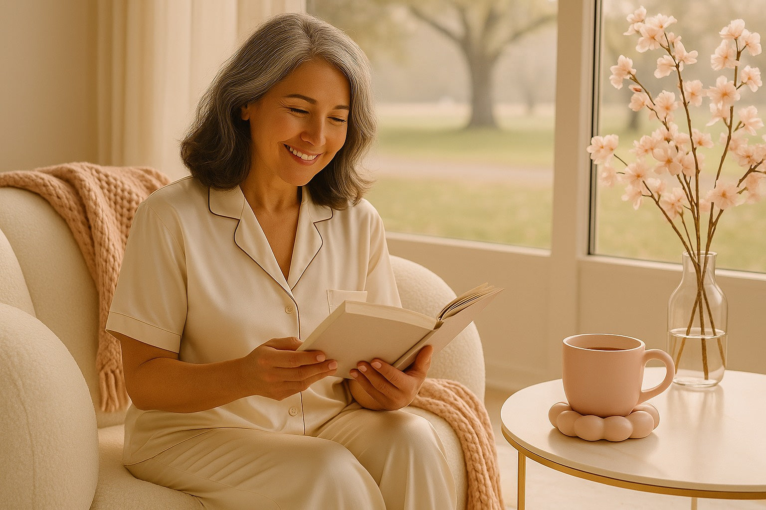 Femme mature lisant dans un intérieur lumineux avec tasse rose et ambiance douce, univers Saison Dorée Hazellia.